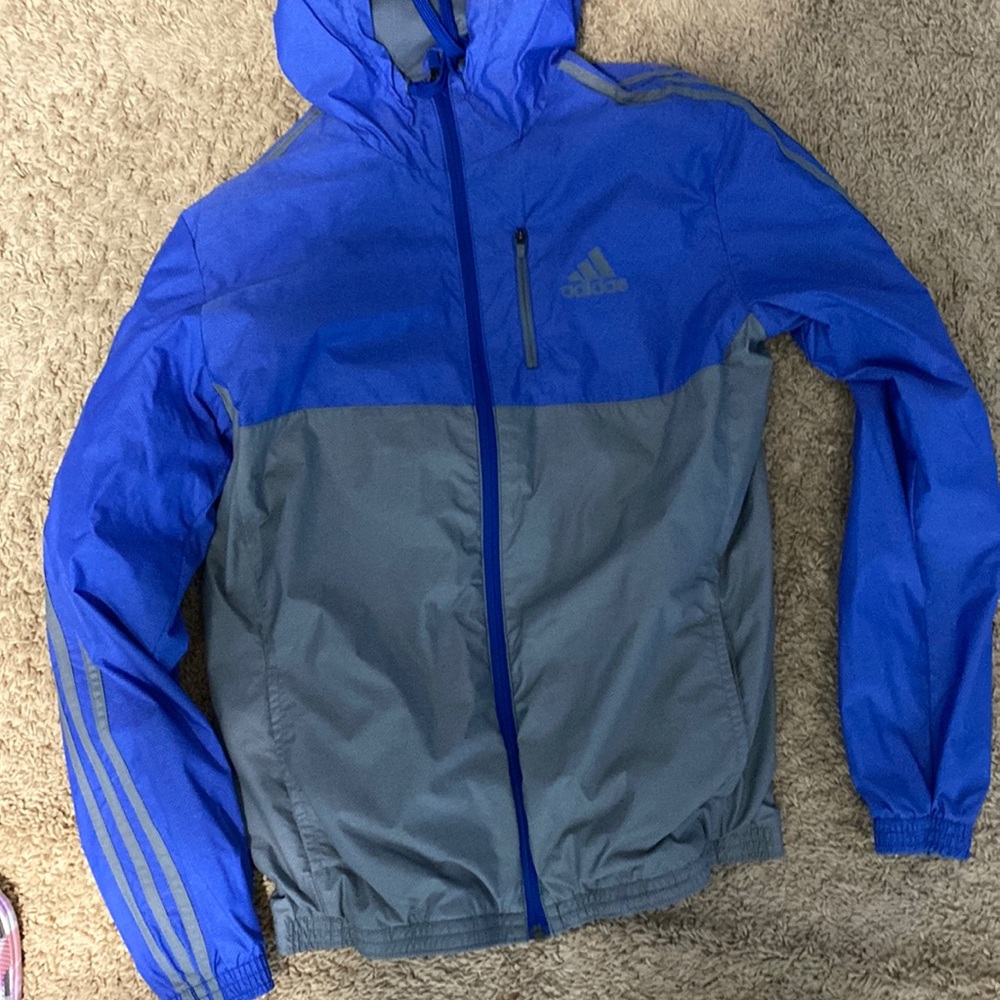Adidas jacket size medium grey and blue water resistant